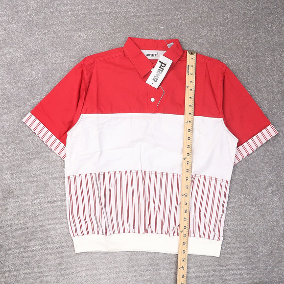 VTG 80s 90s Award Deadstock Medium Red White Striped Short Sleeve Collared Shirt - Picture 3 of 10